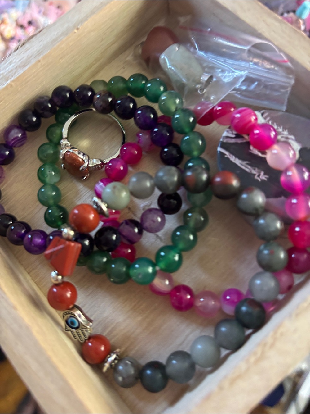 Multi-Color Beaded Stackable Bracelet Set - Green, Pink, Purple, Gray, Red #3